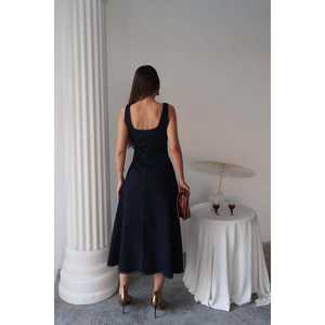 Vestido Gabardina Azul Marino Corte A con Cuello Cuadrado y Cintura Natural, Vestido Cómodo para el Trabajo, Tejido de Tela - Product Image 1