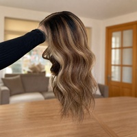 Perruque Lace Front sans colle en cheveux européens vierges, couleur Balayage Brun Blond, avec dessus en dentelle et sangle réglable, pour femmes souffrant de perte de cheveux