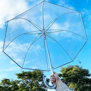 Hazır 2022 otomatik açık 25 inç şeffaf şemsiye kubbe şekli açık şemsiye akrilik kavisli kolu