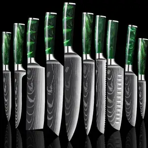 Набор кухонных ножей 7Cr17 из высокоуглеродистой нержавеющей стали с лазерным узором, острые сантоку, набор поварских ножей, 10 шт.