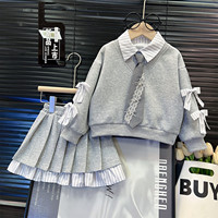 Ensemble de vêtements preppy pour fille automne 2026 : Sweat-shirt gris à patchwork avec cravate + Jupe plissée (2 pièces)