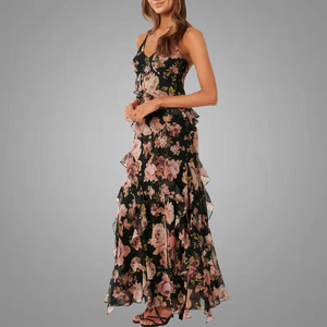 Robes à bretelles modestes <span class=keywords><strong>Robe</strong></span> à la mode Poppy Petite Ruffle Col en V Dentelle Dos nu Causal Lady Maxi Dresses - Product Image 3
