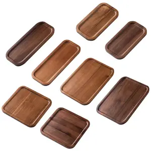 Good quality walnut wood acacia wood square rectangle wooden serving tray fruit snack dessert tea serving plate