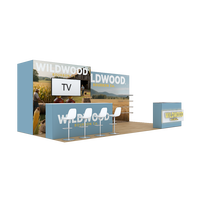 Stand d'exposition 10x20 en aluminium avec toile de fond SEG, espace de rangement verrouillable, comptoir de réception portable