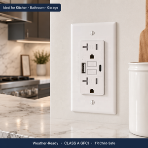 Prise GFCI BAREP 20A avec ports <span class=keywords><strong>USB</strong></span> Type A et C 5V 4.8A, auto-test, anti-effraction, homologuée ETL pour cuisine et buanderie - Product Image 4