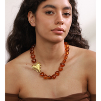JINYOU 1757 Acrylic Resin Amber Heart Beads Necklace Stainless Steel Plated Gold Large Heart Necklace for Sweater Chain