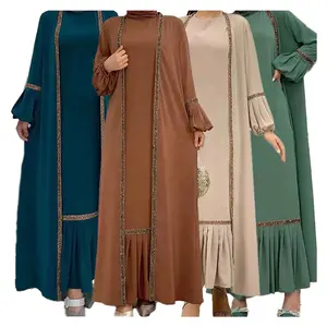 Últimas Dubai Abaya EID Mulheres Modesto Kaftan Aberto Cardigan Vestido Muçulmano Abaya Jilbab Kimono 2pcs Set Abaya Muçulmano Mulheres Vestido