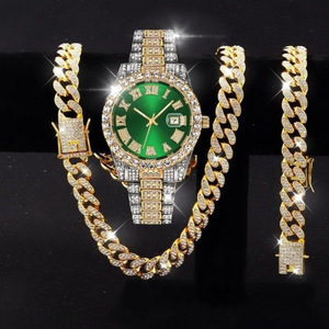 Ensemble Montre et Bijoux pour <span class=keywords><strong>Homme</strong></span> : Montre Calendrier Incrustée de Strass, Collier et Bracelet Hip Hop (3 pièces) - Product Image 3