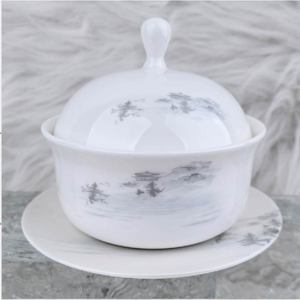 Service de table en porcelaine fine 45% à motif paysage en tuile de cendre, avec bordure dorée à la main en relief, pour hôtels et banquets de mariage - Product Image 3