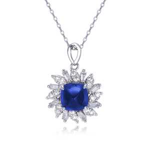 925 <b>Silver</b> Pillow shaped Sapphire Pendant with Sunflower Encircled Clavicular <b>Chain</b> - Product Image 1