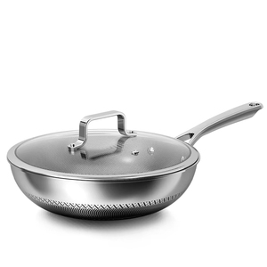 Wok in Acciaio Inox 304 Tri-ply di Grado Alimentare, Finitura a <span class=keywords><strong>Specchio</strong></span>/Spazzolata, Basso Contenuto di Fumi, Compatibile con Induzione/Gas, Adatto per Forno/Lavastoviglie - Product Image 1