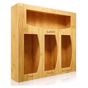 Hot sale on Amazon kitchen storage bamboo plastic bag organizer bamboo ziplock bag storage organizer