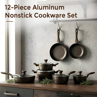 12-teiliges Premium Modernes Aluminiumlegierung Antihaft-Kochgeschirr-Set mit Töpfen, Glasdeckeln und Holzgriffen für Alle Kochflächen