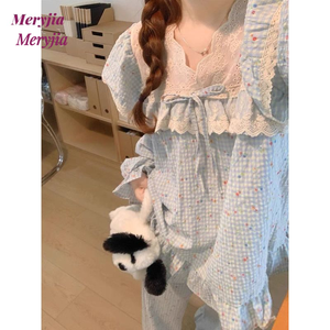 2025 Meryjia versione coreana pigiama con rifinitura in pizzo a scacchi floreali dolce tinta unita stile corte camicie da <span class=keywords><strong>notte</strong></span> arruffate a maniche lunghe per - Product Image 2