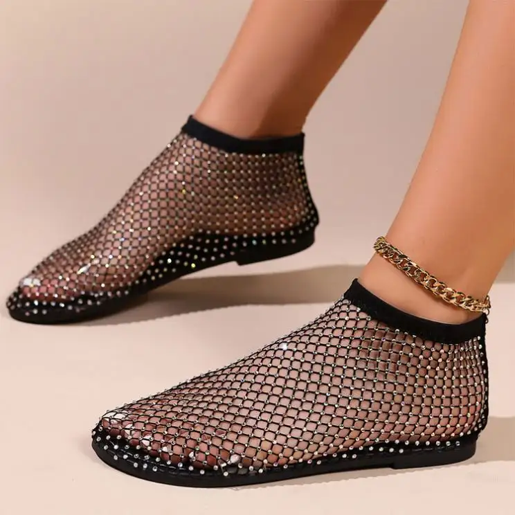 Chaussures de luxe grande taille pour femme avec strass et diamants en résille Sandales plates pour femme