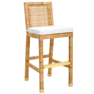 Modern Rattan and Linen Bar/Counter <b>Stool</b> with <b>Wood</b> Base for Home Bar and Restaurant Use - Product Image 5