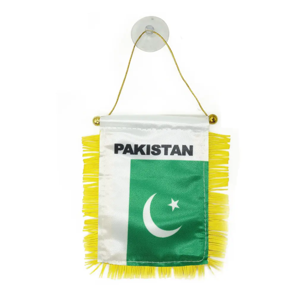 Impresión personalizada bandera nacional de Pakistán pequeño Mini colgante espejo retrovisor del coche banderín bandera con ventosa y borlas