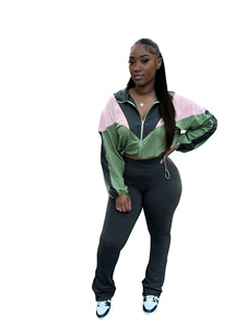 Herbst Frauen Outfits Kordel zug Patchwork Langarm Stehkragen Crop Jacke Lange Hosen Frauen Casual 2-teiliges Set - Product Image 3