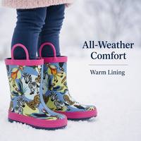 Bottes de pluie en caoutchouc pour tout-petits, motif animalier de zoo, antidérapantes, semelle épaisse, avec doubles poignées faciles à saisir