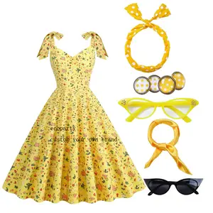 ecoparty Summer Cotton Vintage Midi Party Dress V neck Robe Femme Swing 1950s Retro Floral Print yellow Rockabilly Dresses