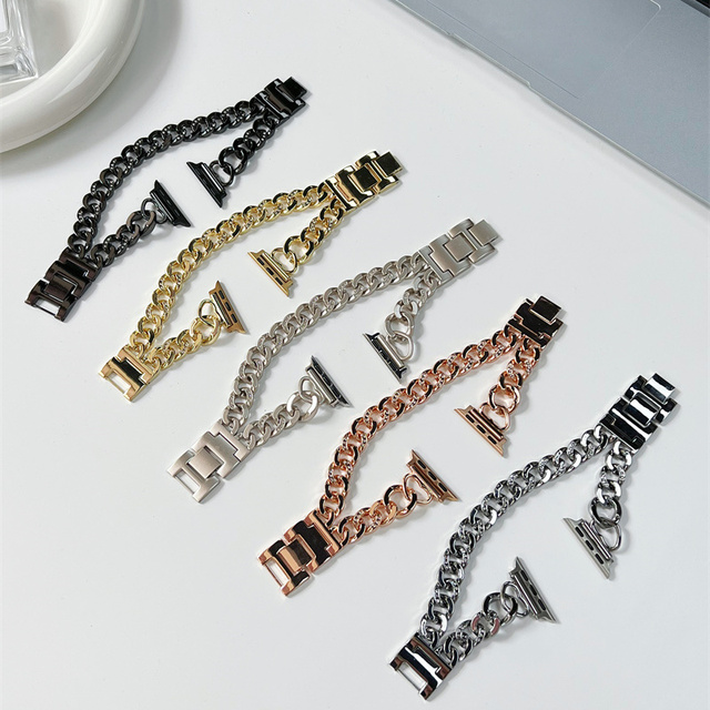 Luxury Designer Metal Watch Strap Double Row Denim Chain for Watch Ultra 38-49mm Fashionable OEM Compatible