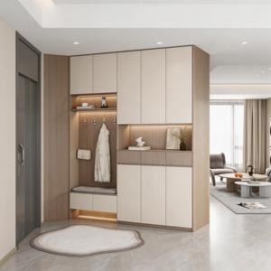 <span class=keywords><strong>Meuble</strong></span> à chaussures moderne avec banc pour entrée, étagères ouvertes LED, sans poignées, coussin beige, bois - Product Image 2