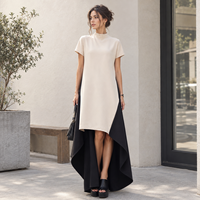 Gaun Maxi Wanita Warna Hitam Model Block Kerah Mock Neck Lengan Pendek High Low Hem Ekor Panjang Musim Panas Grosir OEM