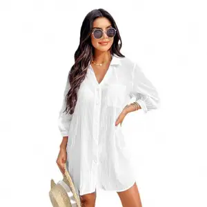 Women Bikini Cover Up Shirt Open Front Full Button Sun Proof Long Dress Beachwear Loose Kimono