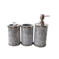 Juego de Baño de Tres Piezas de Cristal DIY con Dispensador de Jabón de Manos Tipo Push, Jabonera con Incrustaciones de Diamantes y Forma Geométrica