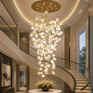 Lustre en céramique personnalisé en forme de spirale de fleur de magnolia, grand luminaire suspendu artistique pour villa, escalier, hall d'hôtel, atrium - Product Image 1