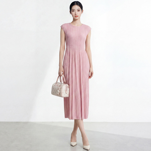 PY Women's Sleeveless Pleated Knee-Length O-Neck <b>Loose</b> Solid Breathable Pink Woven Casual Spring Autumn <b>Dress</b> - Product Image 2