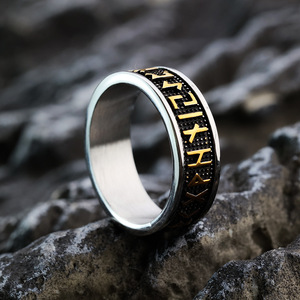 Nordic Vintage Stainless Steel Unisex <b>Ring</b> With Viking Runes Hip Hop Style Round Letter Geometric Design Gift Jewelry - Product Image 3
