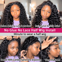 Media peluca Cabello humano virgen 200% Densidad Onda de agua Sin pegamento Desgaste Cuerda ajustable Sin costuras Flip Invisible Hairline HD Lace