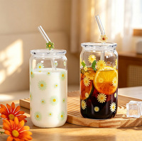 Gobelet réutilisable en verre borosilicate de 500 ml avec motif marguerite mignon, couvercle en plastique et paille en verre, idéal pour café glacé, boissons et lait