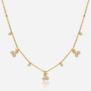 <b>Cherry</b> Fruit Design Diamond Pendant <b>Necklace</b> 18K Gold Plated Stainless Steel Women's Everyday Wear Jewelry Round Brilliant Cut - Product Image 1