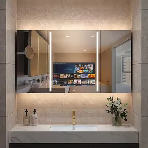3 문 벽 욕실 거울 Defogging Led 스토리지 욕실 캐비닛 스마트 미러와 TV 화면 Led 라이트 안드로이드 OS