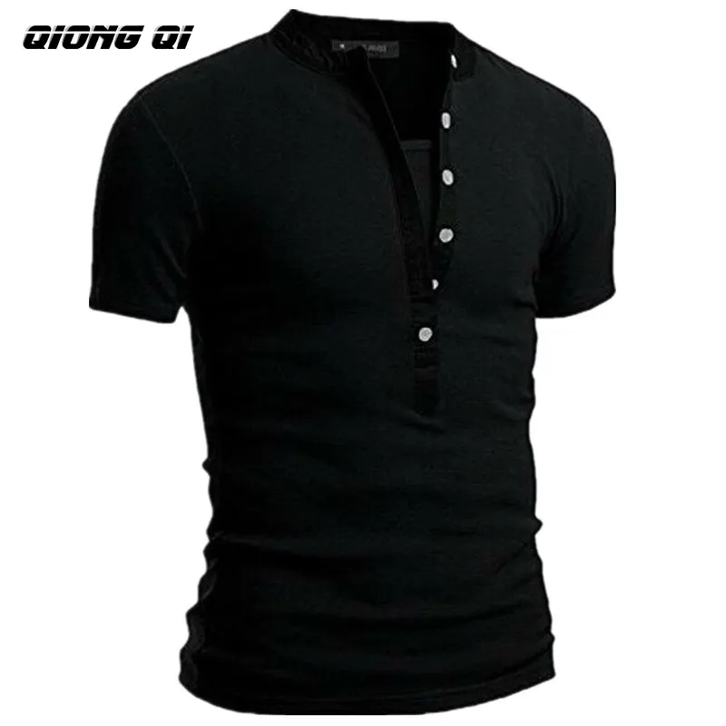 Solid color short-sleeved stand-up collar V Slim summer men's T-shirt buttons T-shirt men
