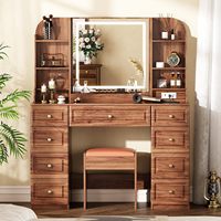 Ensemble de table de maquillage de luxe en noyer avec miroir éclairé par LED, bureau de maquillage avec plateau en verre et 9 tiroirs de rangement