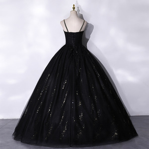 Black Ball Gown Evening Dress Sweetheart Neckline Straps Glitter Organza Fabric For Banquets Stage Performances - Product Image 4
