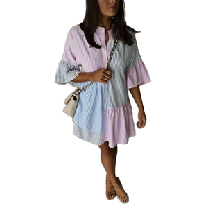 Color Blocked Striped Ruffle Sleeve <b>Loose</b> Mini <b>Dress</b> Casual Summer Women's Cotton Shirt <b>Dress</b> With Collared Neck And Ruffle Hem - Product Image 1