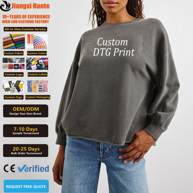 OEM/ODM Women Vintage Washed Raw Hem Oversized Crewneck Sweatshirt Loose Fit Blank Pullover Streetwear Retro Sweatshirt