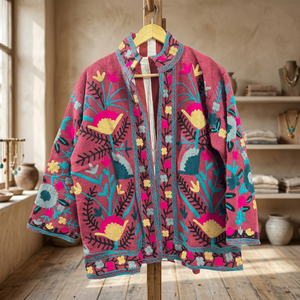 Veste en coton brodée florale artisanale de qualité supérieure pour femme, col mandarin, manches trois quarts, style Prairie Chic, printemps - Product Image 2