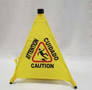 다국어 주의 로고가있는 1/2 인치 노란색 팝업 천 삼각형 안전 콘