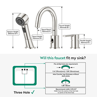 Robinet de lavabo de salle de bain multifonctionnel en acier inoxydable CUPC DOE de haute qualité, certifié NSF61, à 3 trous, avec douchette extractible et fonction cascade pour baignoire