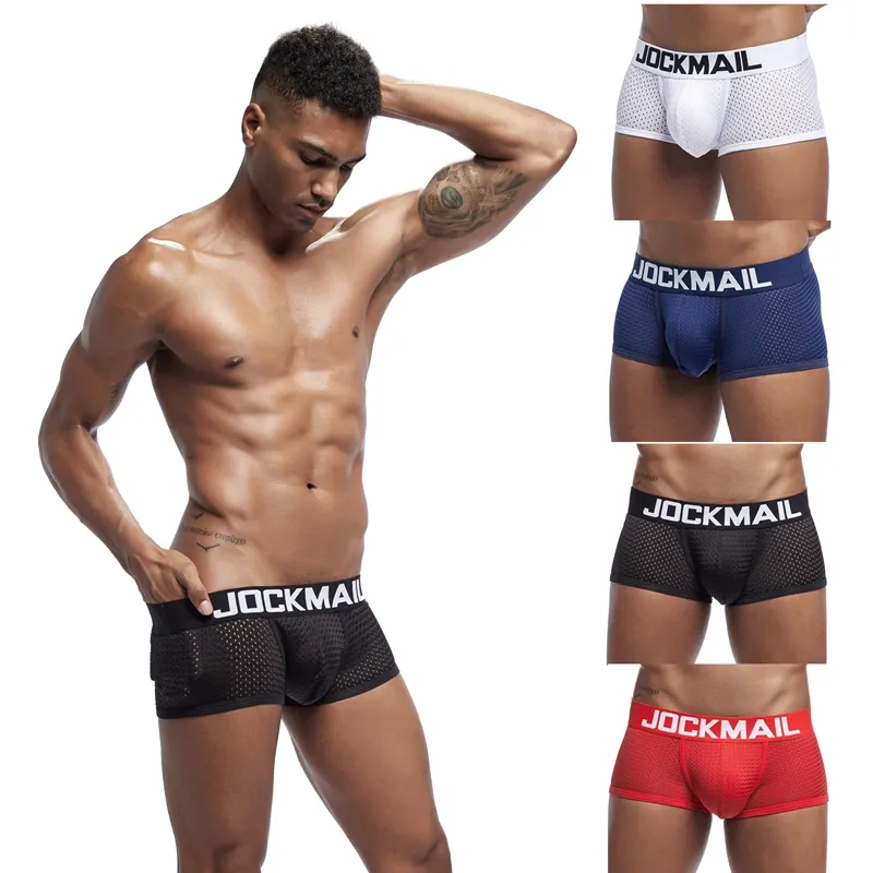 JOCKMAIL Fashion Sporty Style Boxer Briefs Sexy Mesh See-through Shorts Male Underpants Big Scrotal Pouch Swimming Trunks