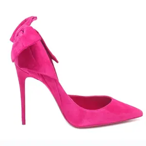 Sapatos de salto stiletto com laço de camurça feminino, calçado feminino rosa quente