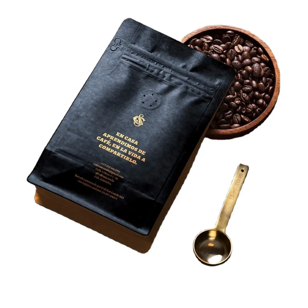 사용자 정의 인쇄 개인 라벨 250g 500g 1kg resealable 블랙 크래프트 종이 플랫 하단 커피 가방