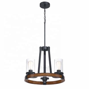 Lustres de ferme 3 lumières Finition noire <span class=keywords><strong>et</strong></span> <span class=keywords><strong>bois</strong></span> Abat-jour en verre transparent suspendu Suspension <span class=keywords><strong>salon</strong></span> Salle à manger Porche - Product Image 3
