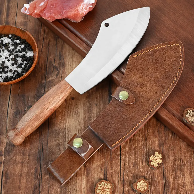 เนื้อหมูสไลซ์แฮมเบิร์กคมเคลือบขัดใบมีด 7.5 นิ้วไม้สากลเชฟสับผักตัดกระดูกมีดมีด
