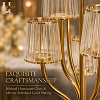 Candélabre en métal doré à 7 bras Uvenue avec abat-jour en verre cannelé, centre de table pour mariage, porte-bougie pour banquet et événements
